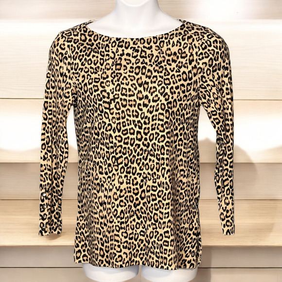 Chico's Long Sleeve Knit Top Size 8 Medium Pima Cotton Leopard Print T Shirt NWT - Picture 1 of 10